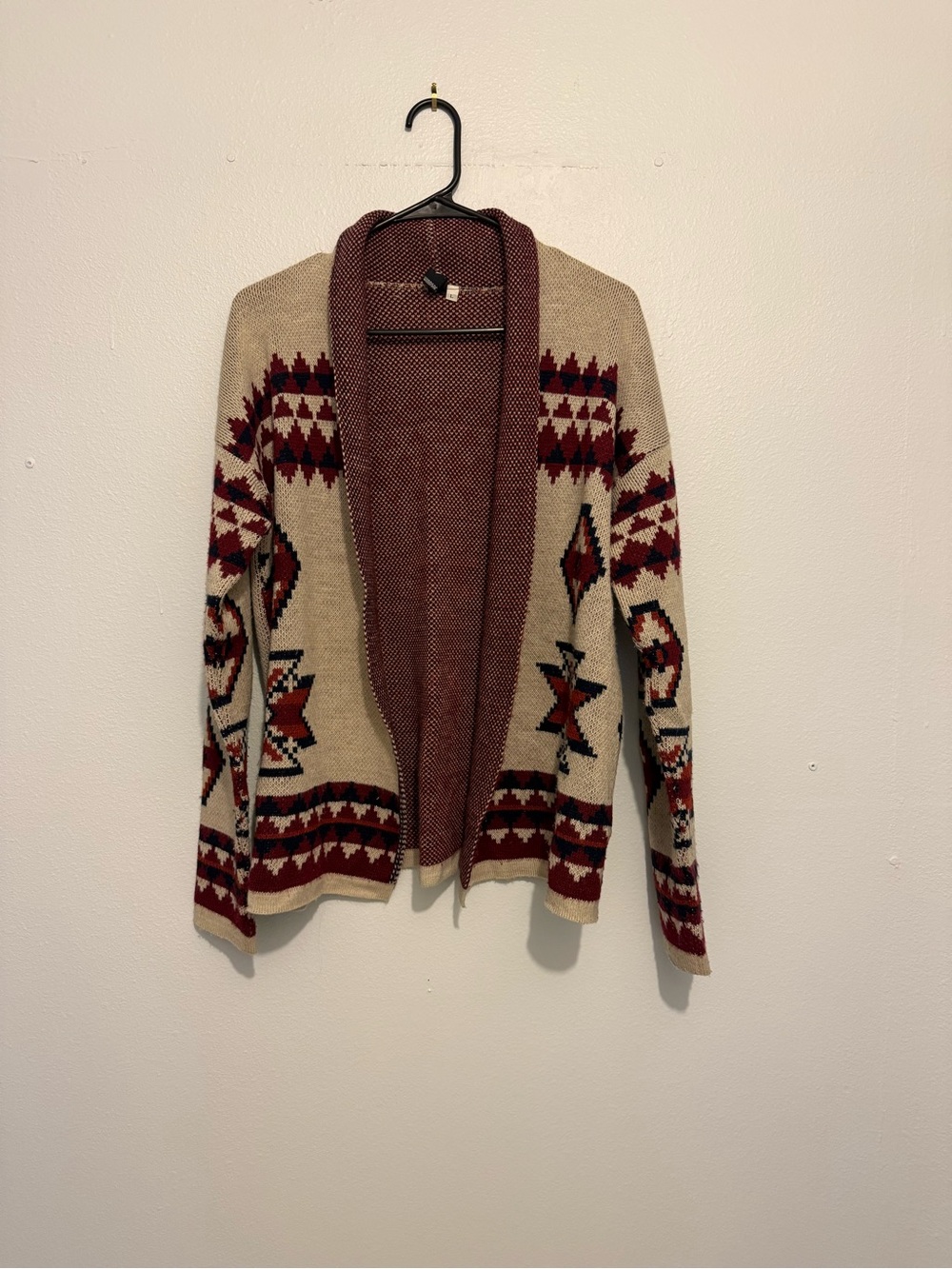 Windsor Open-Front Aztec Knit Cardigan - Beige and Burgundy